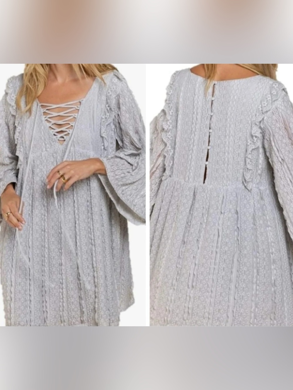 POL 🩶 Run Down Gray Lace Boho Mini Dress Coquette Girl 🎠 Cottagecore 🤍 Sz Med
